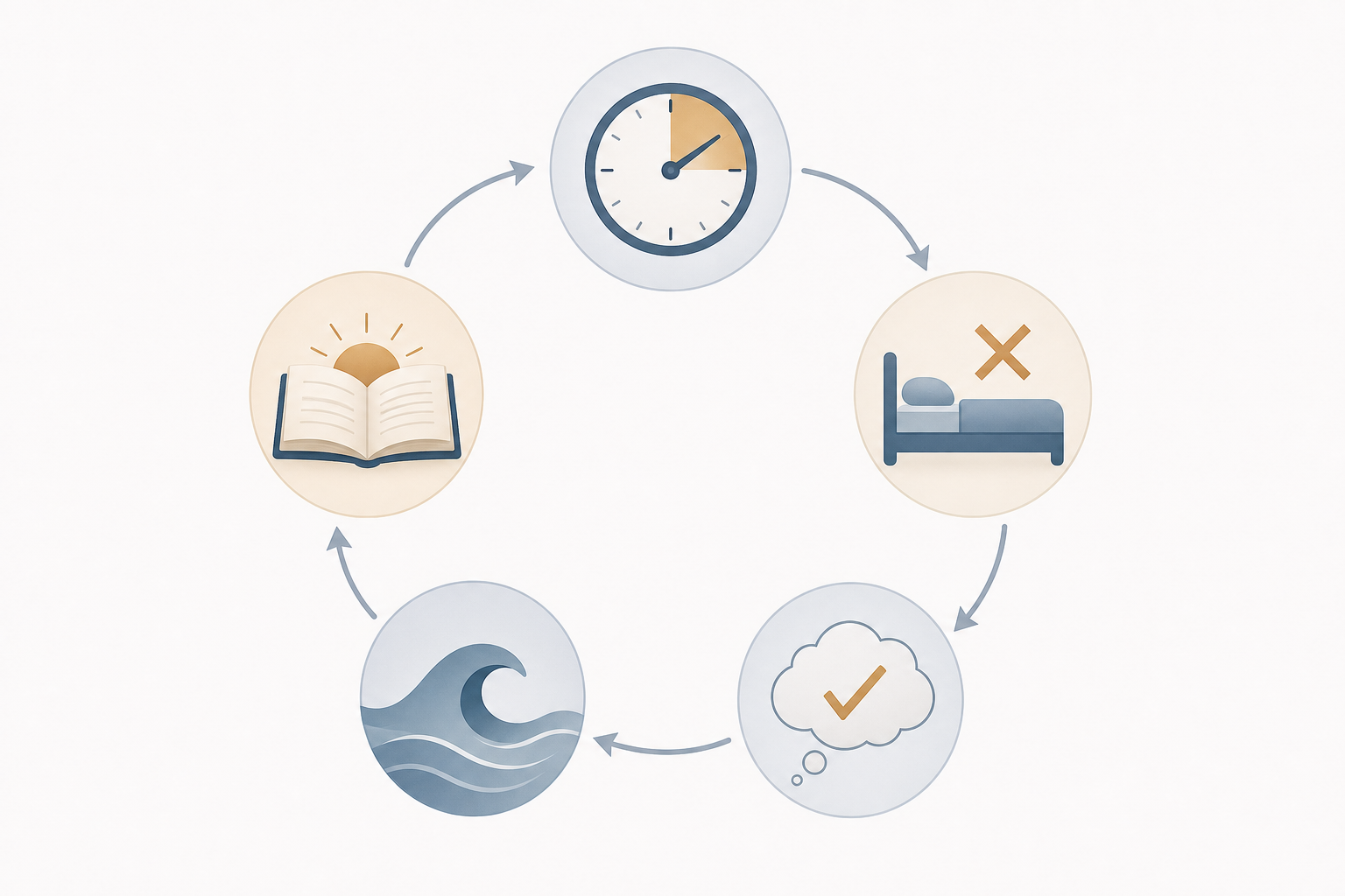 Five abstract icons arranged in a circular flowing framework with connecting arrows, representing the five CBT-I components: a clock, a bed with a boundary mark, a thought bubble with a checkmark, a calming wave, and an open book.