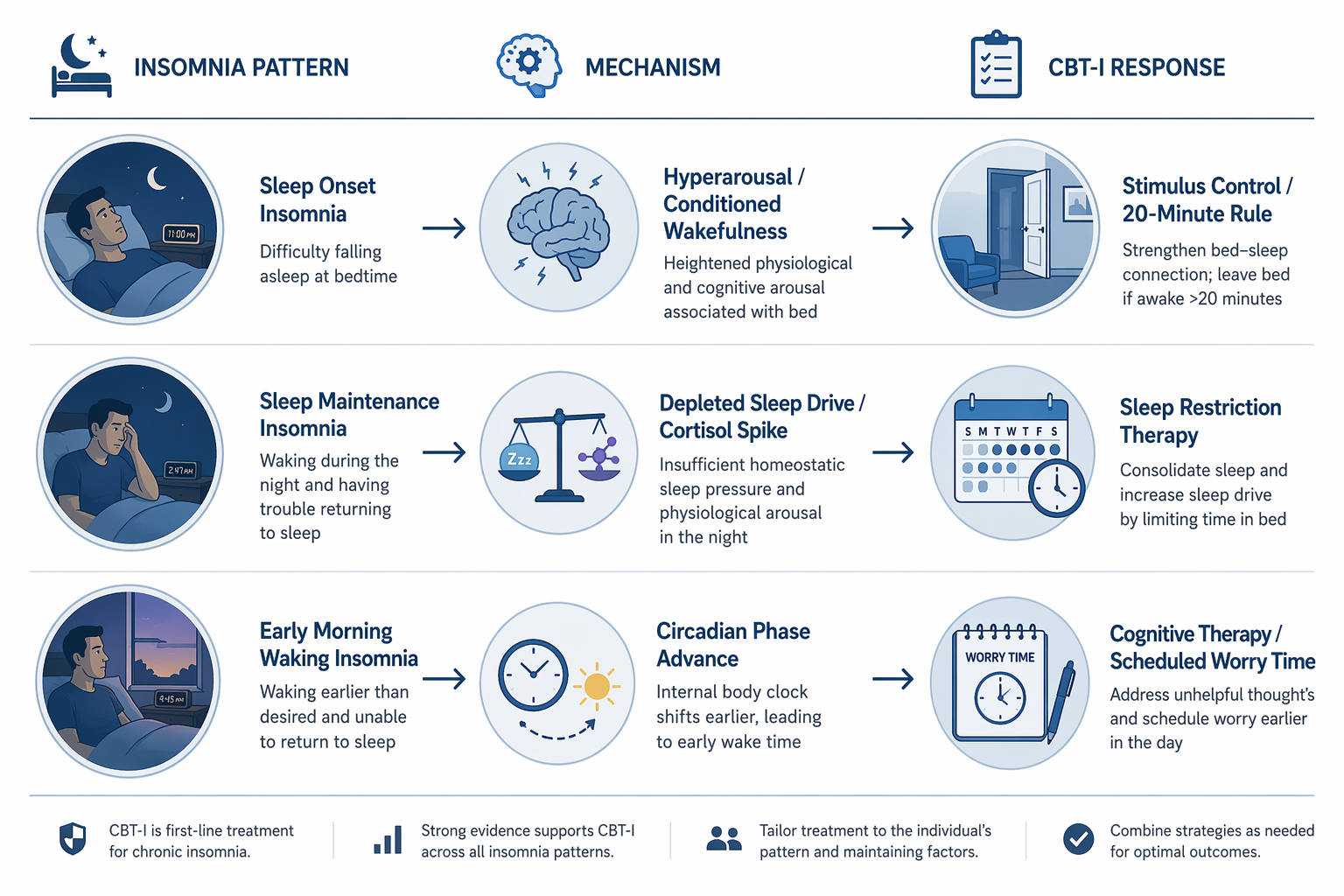 Comparison chart linking sleep onset, sleep maintenance, and early morning waking patterns to mechanisms and CBT-I responses