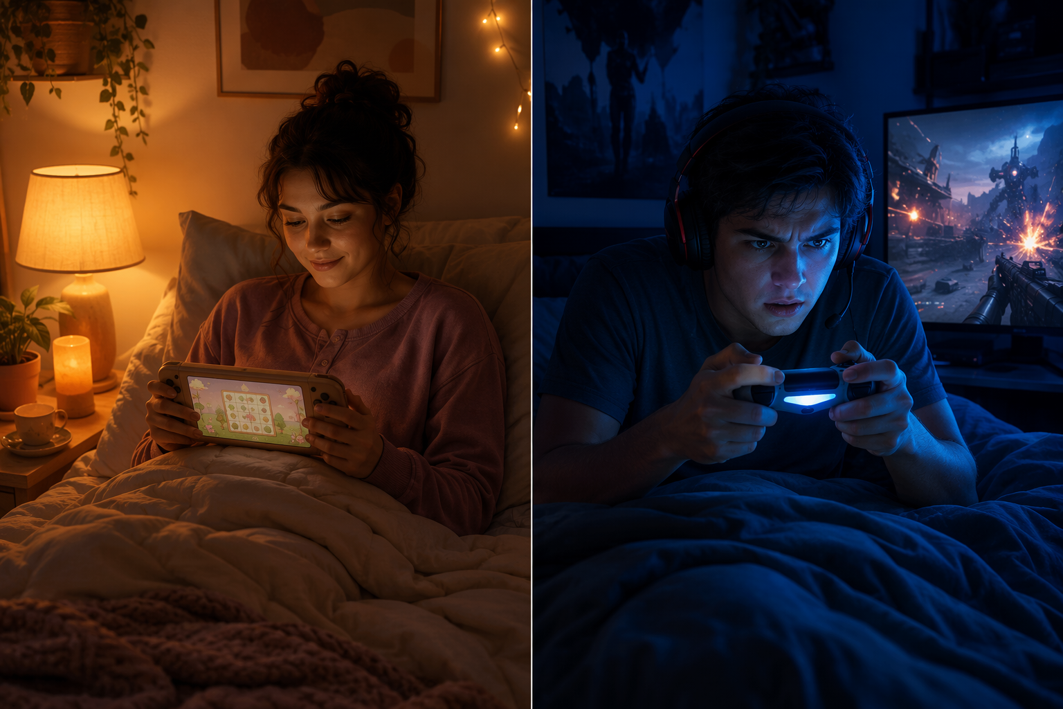 Two contrasting pre-bed gaming scenes, one relaxed with a gentle puzzle game and one tense during an intense game