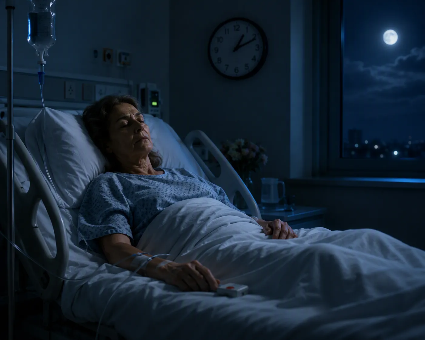 Woman recovering after abdominal surgery during a restless night in a dim hospital room