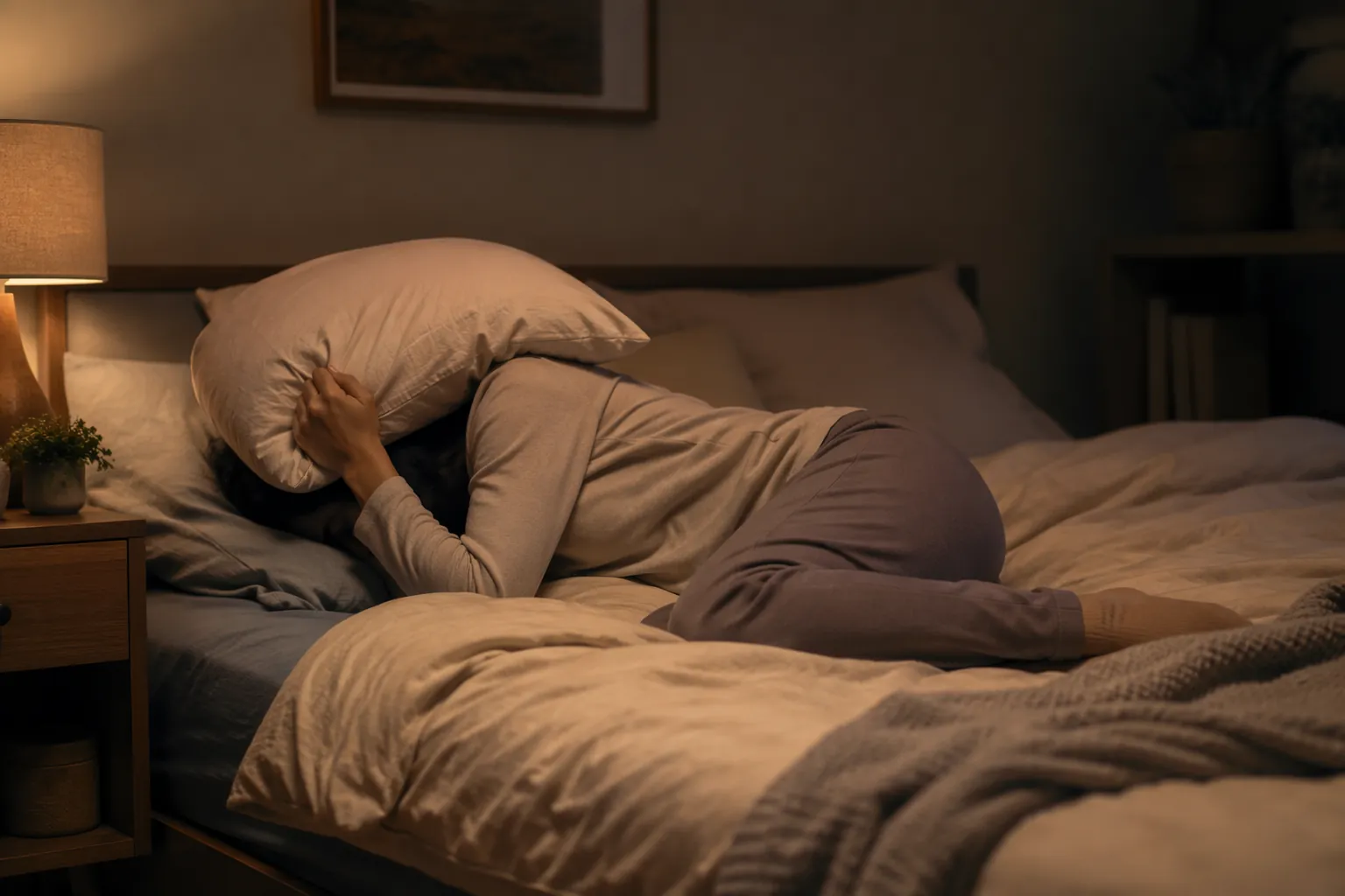 Person lying in bed with a pillow covering the head and neck in the recommended aftershock response position