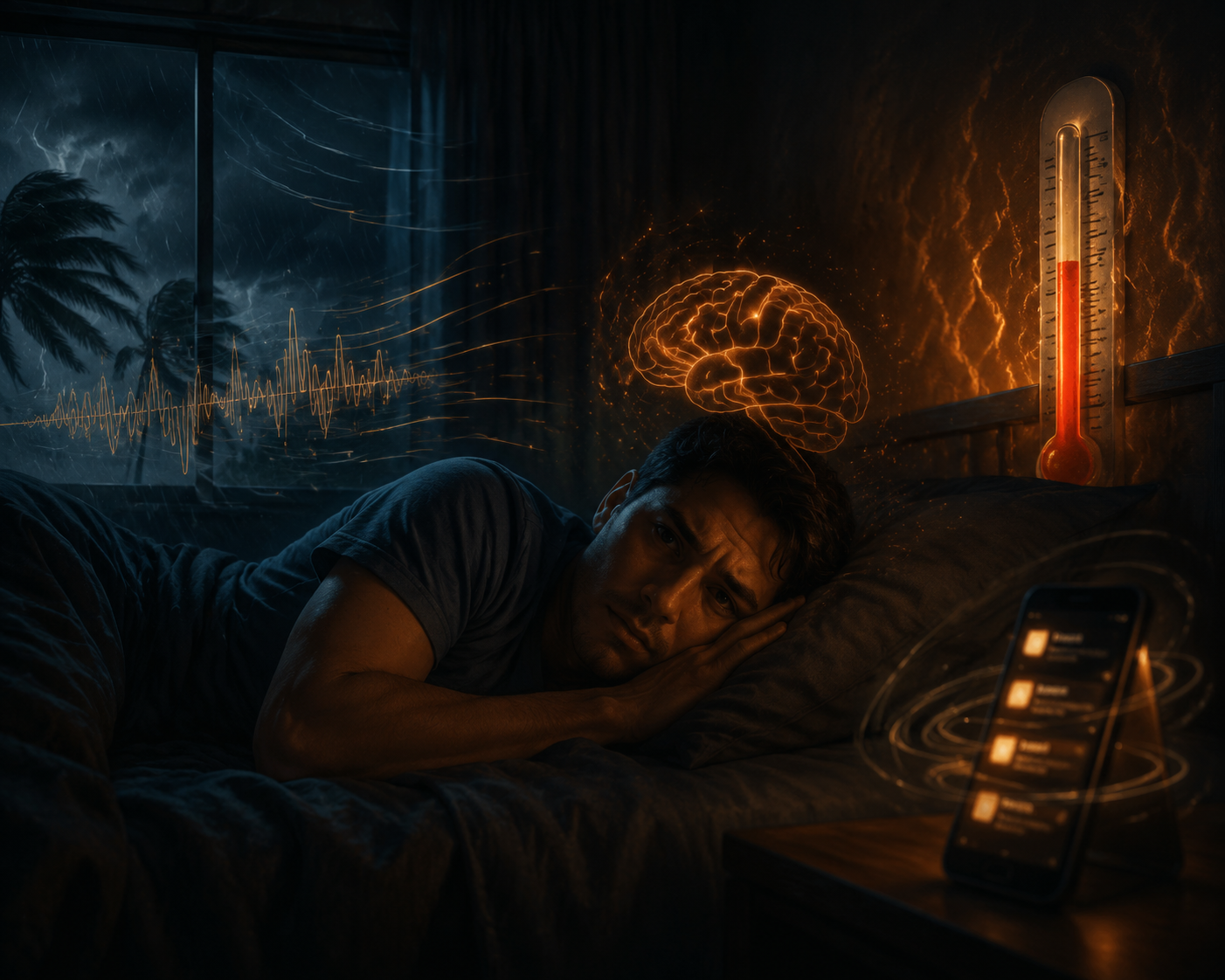 Person in bed during a tropical storm with visual motifs for noise, heat, hypervigilance, and phone alerts