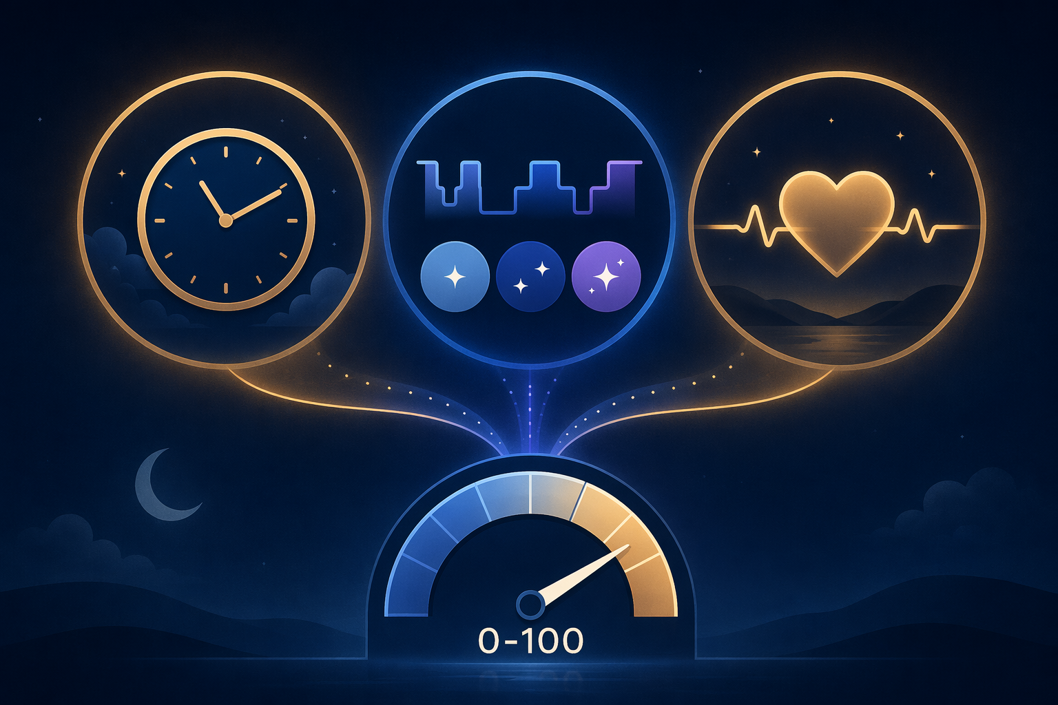 An explanatory editorial illustration showing three interconnected visual icons representing the Fitbit sleep score sub-components: a clock for duration, concentric circles for sleep stage quality, and a calm heartbeat line for restoration. The three elements flow into a single gauge at the bottom.