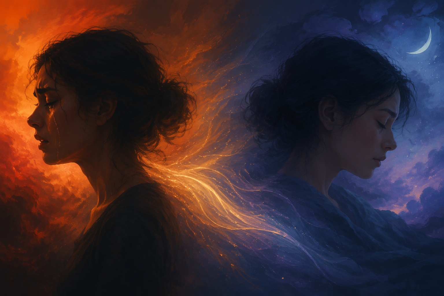 A silhouette shifts from tearful warm distress into a cool, calmer resting state
