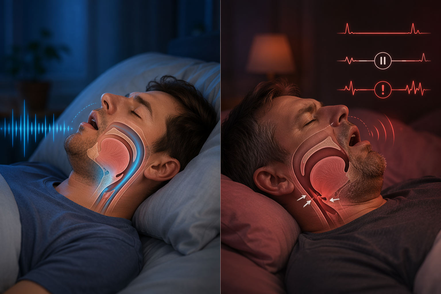 Illustration comparing simple snoring with obstructive sleep apnea airway collapse