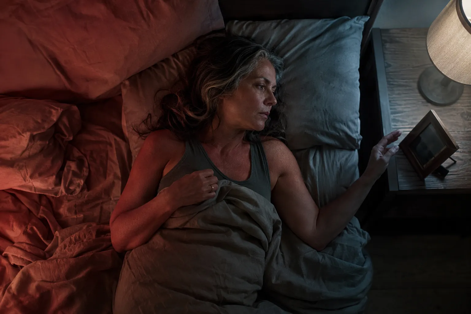 Middle-aged woman awake at night between signs of hormonal disruption and grief