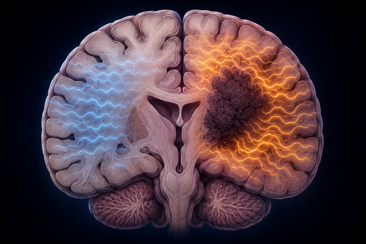 Brain cross-section with slow-wave patterns rebounding around a stroke lesion.