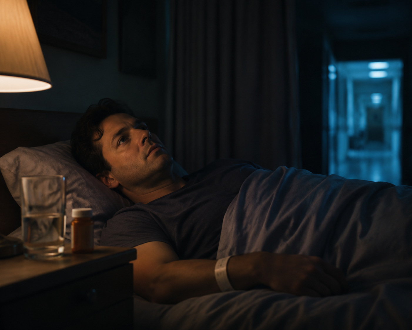 Person awake in a dim bedroom after hospital discharge with a hospital bracelet still on their wrist