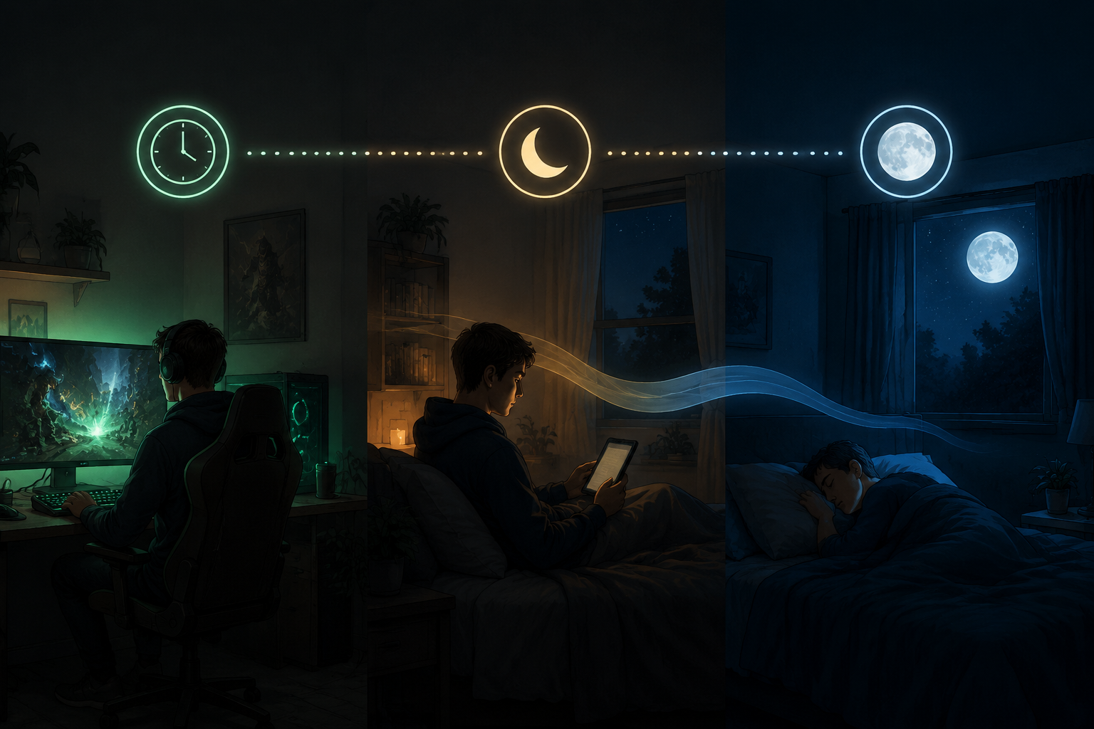 Bedroom scene showing moderate gaming, a wind-down buffer, and sleep time as separate evening phases