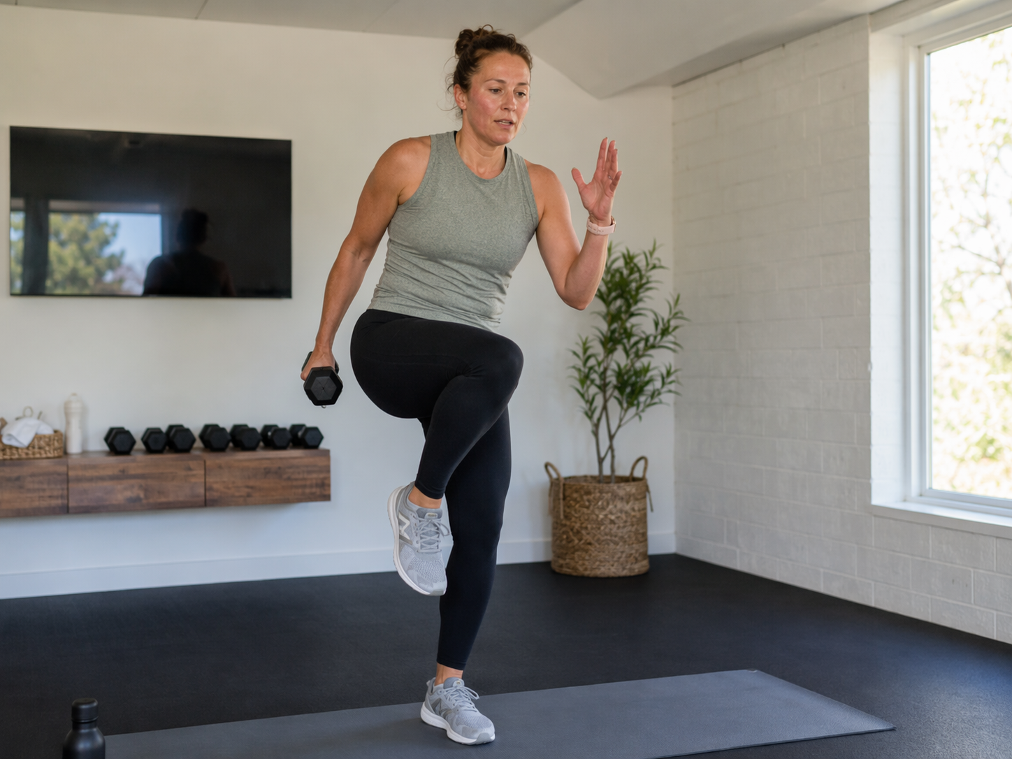 Person holding a dumbbell during a combined strength and cardio workout with a timer showing about 22 minutes