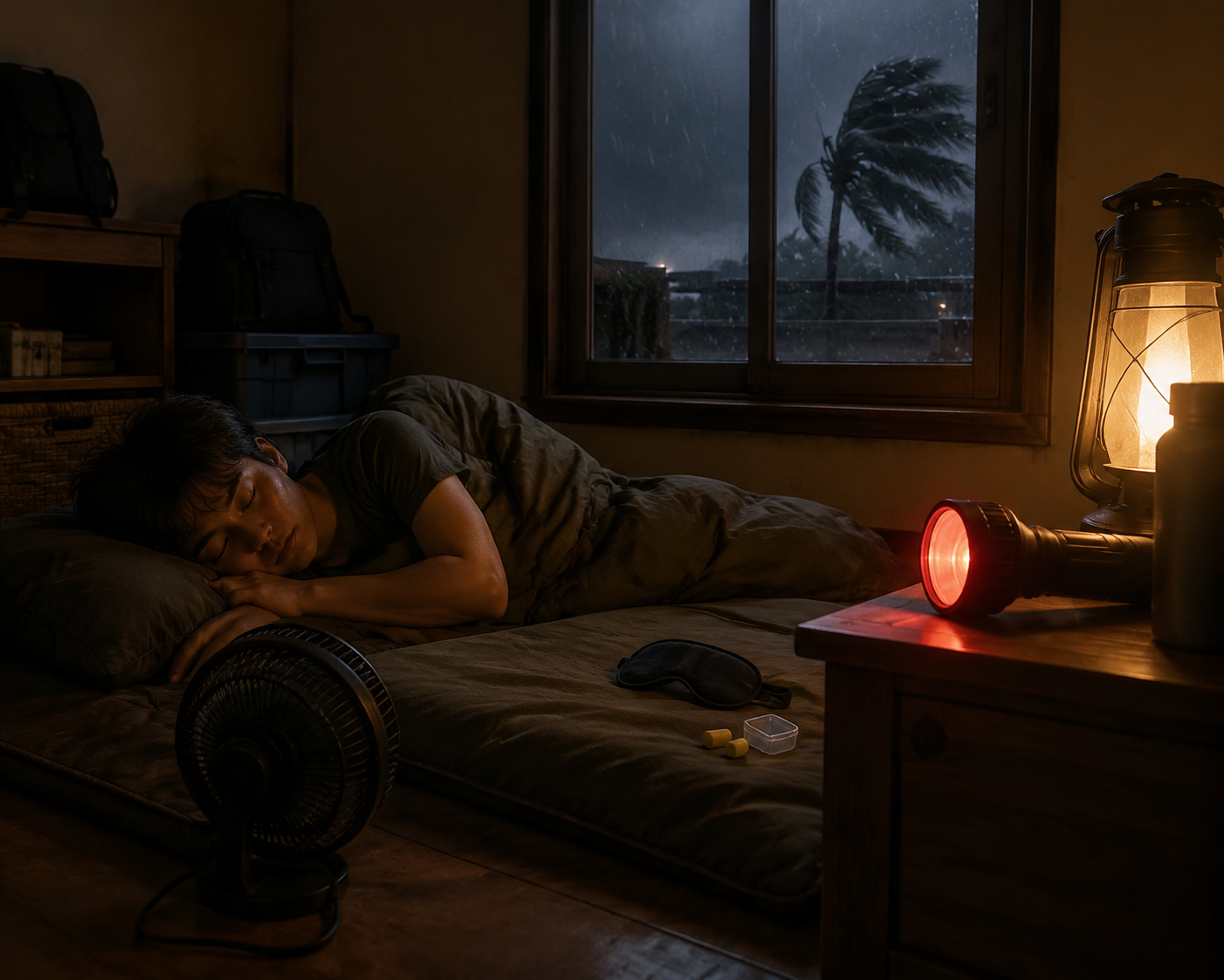 A dim interior room prepared for sleep during storm landfall, with a floor mattress, battery fan, flashlight, earplugs, and an eye mask.