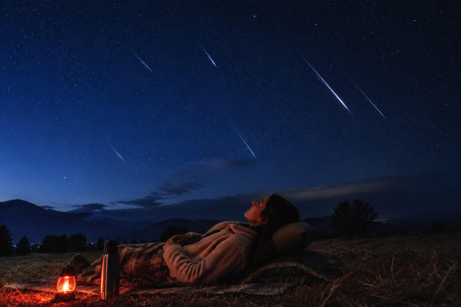 Person reclining in a dark open field under a starry sky with meteors, a red-lit lantern, and a thermos