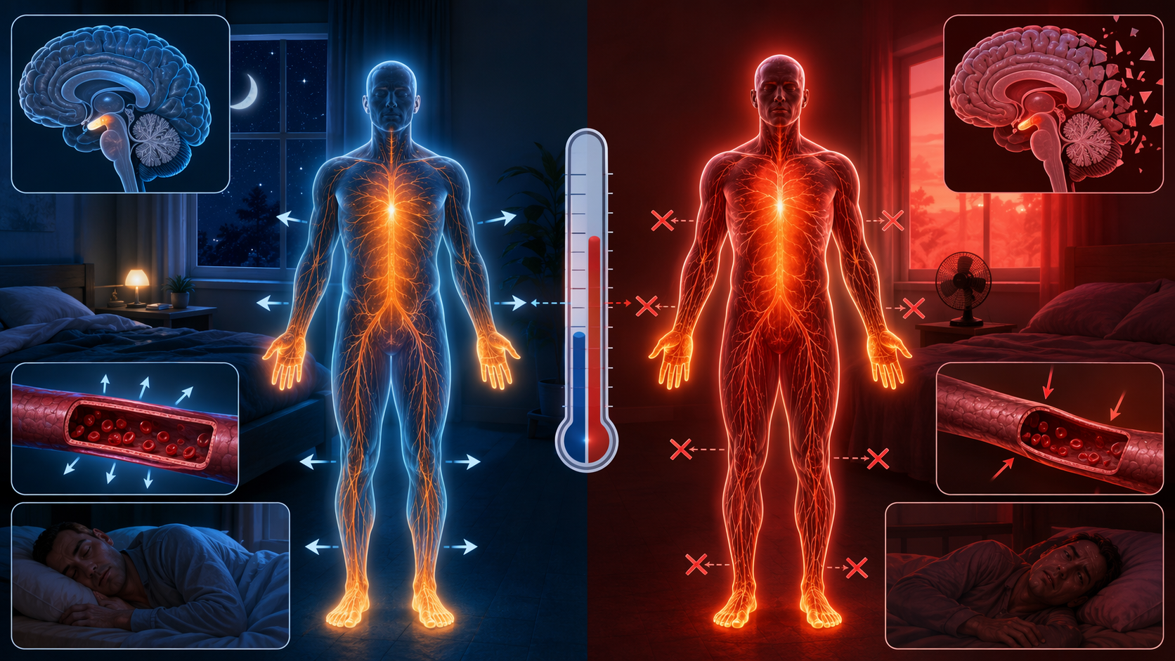 Illustration comparing a normal pre-sleep cooling cascade with heat-blocked sleep onset