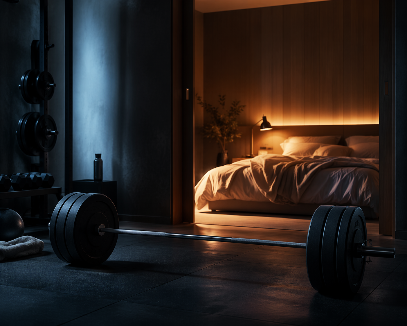 Dimly lit gym leading into a softly lit bedroom, suggesting the transition from training to sleep