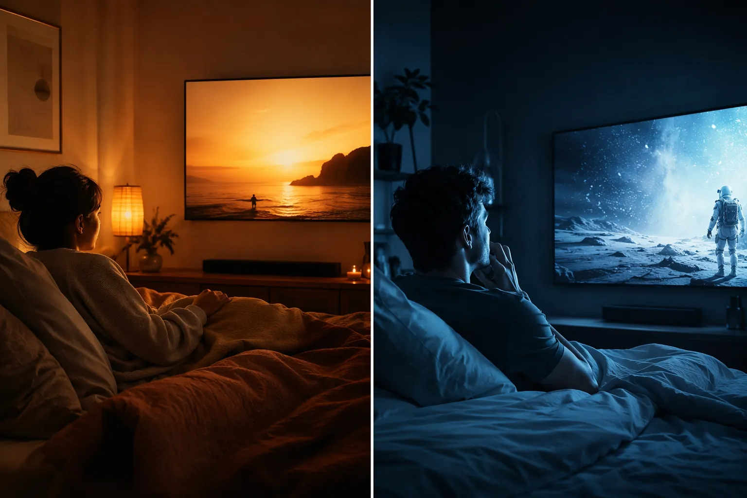 Warm amber bedtime movie scene contrasted with a harsh blue-screen bedroom scene