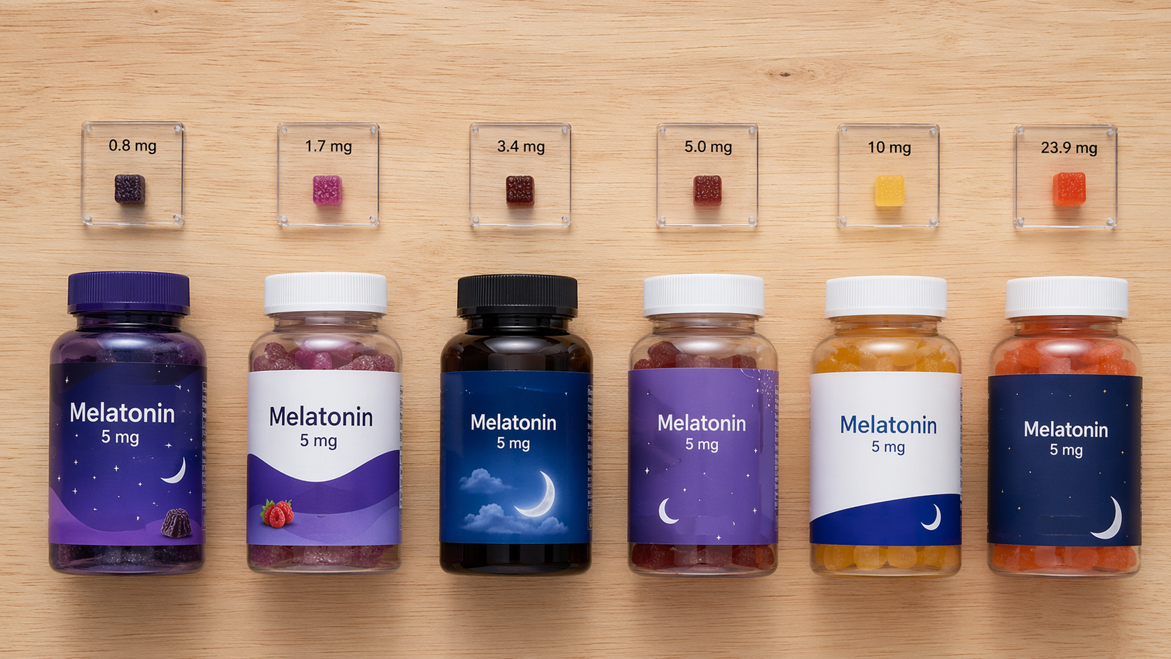 Melatonin gummy jars with floating markers showing actual contents ranging from 0.8 mg to 23.9 mg