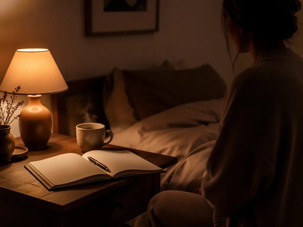 Open journal and pen beside a warm bedside lamp during an evening wind-down ritual