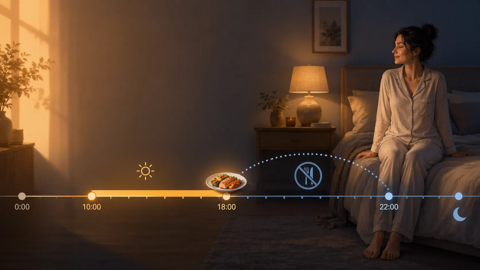 Daily timeline showing a 10 a.m. to 6 p.m. eating window followed by a 4-hour pre-bed fast before sleep