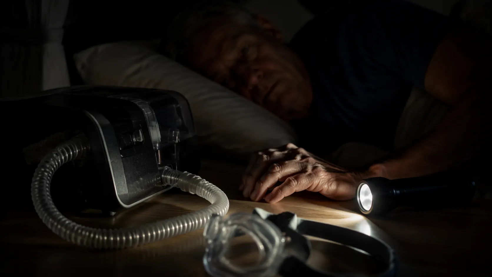Dim bedroom during a power outage with a CPAP machine beside an older adult’s hand and a single LED flashlight