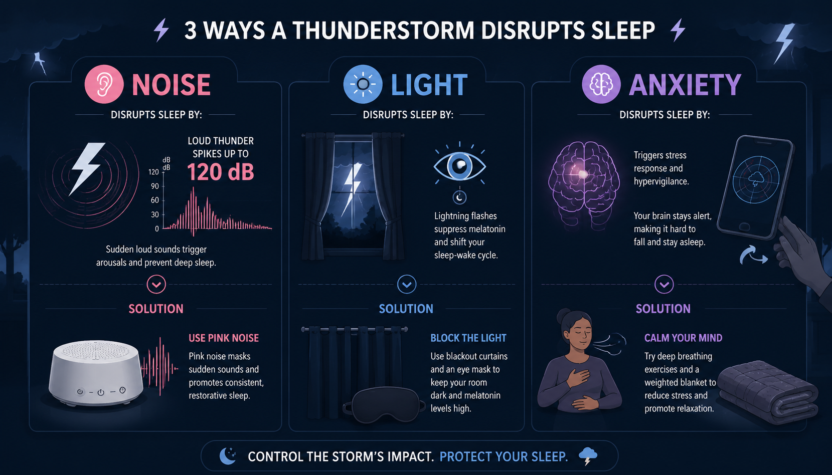 Three-panel illustration showing noise, light, and anxiety as separate storm sleep disruptions