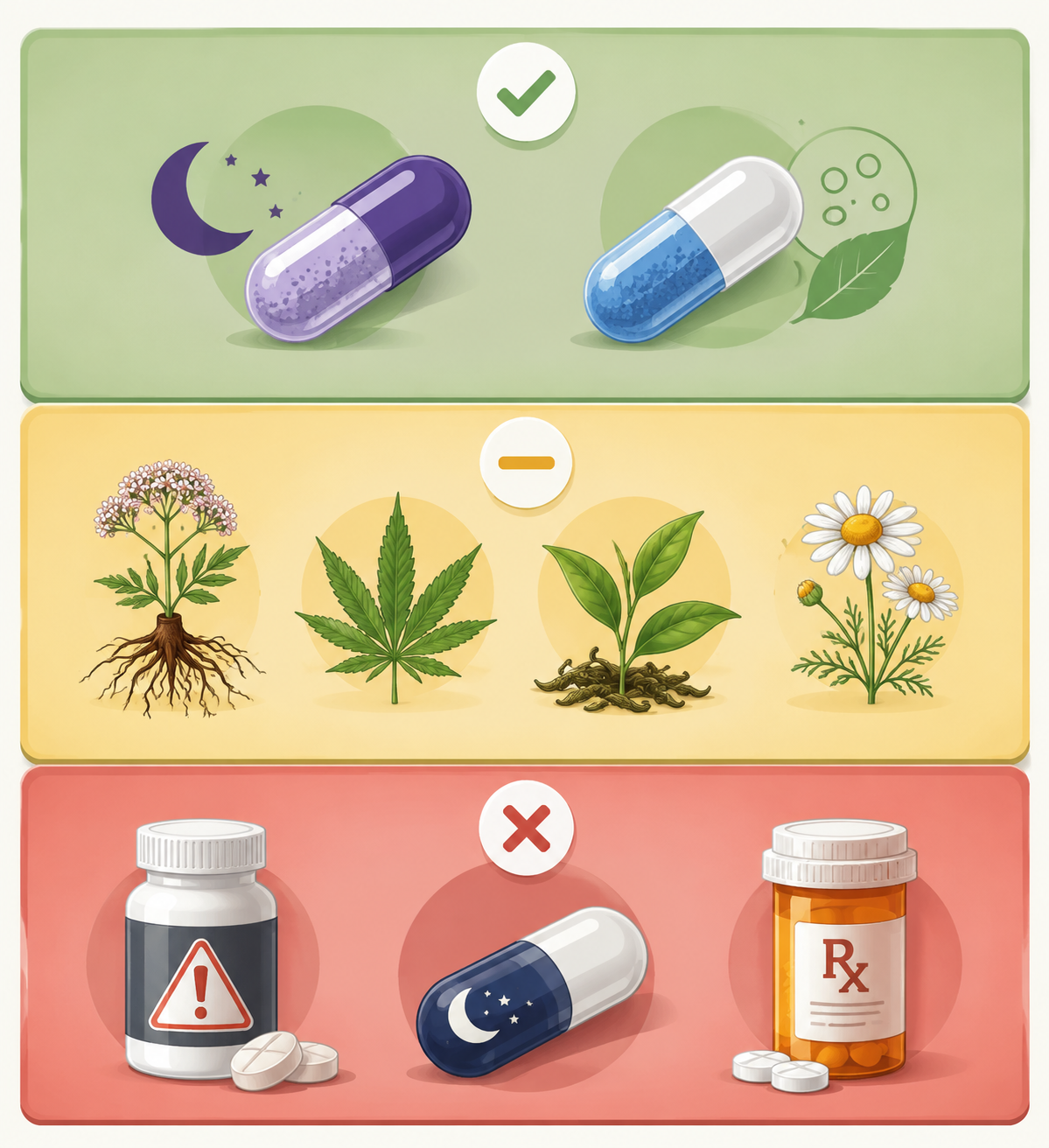 Three-tier sleep aid safety hierarchy with green, yellow, and red levels