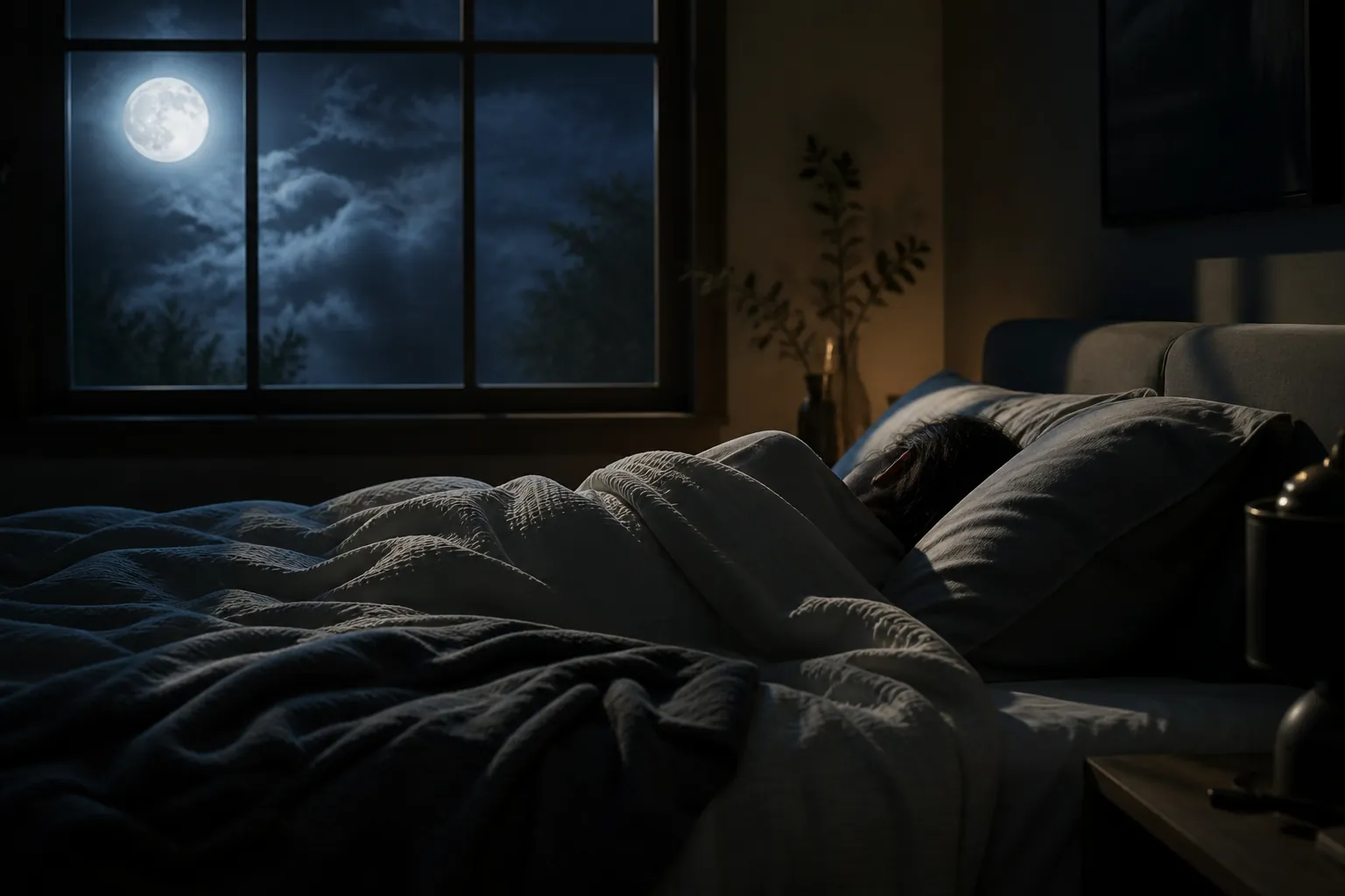 Dim bedroom at night with full moonlight shining through a window onto a bed