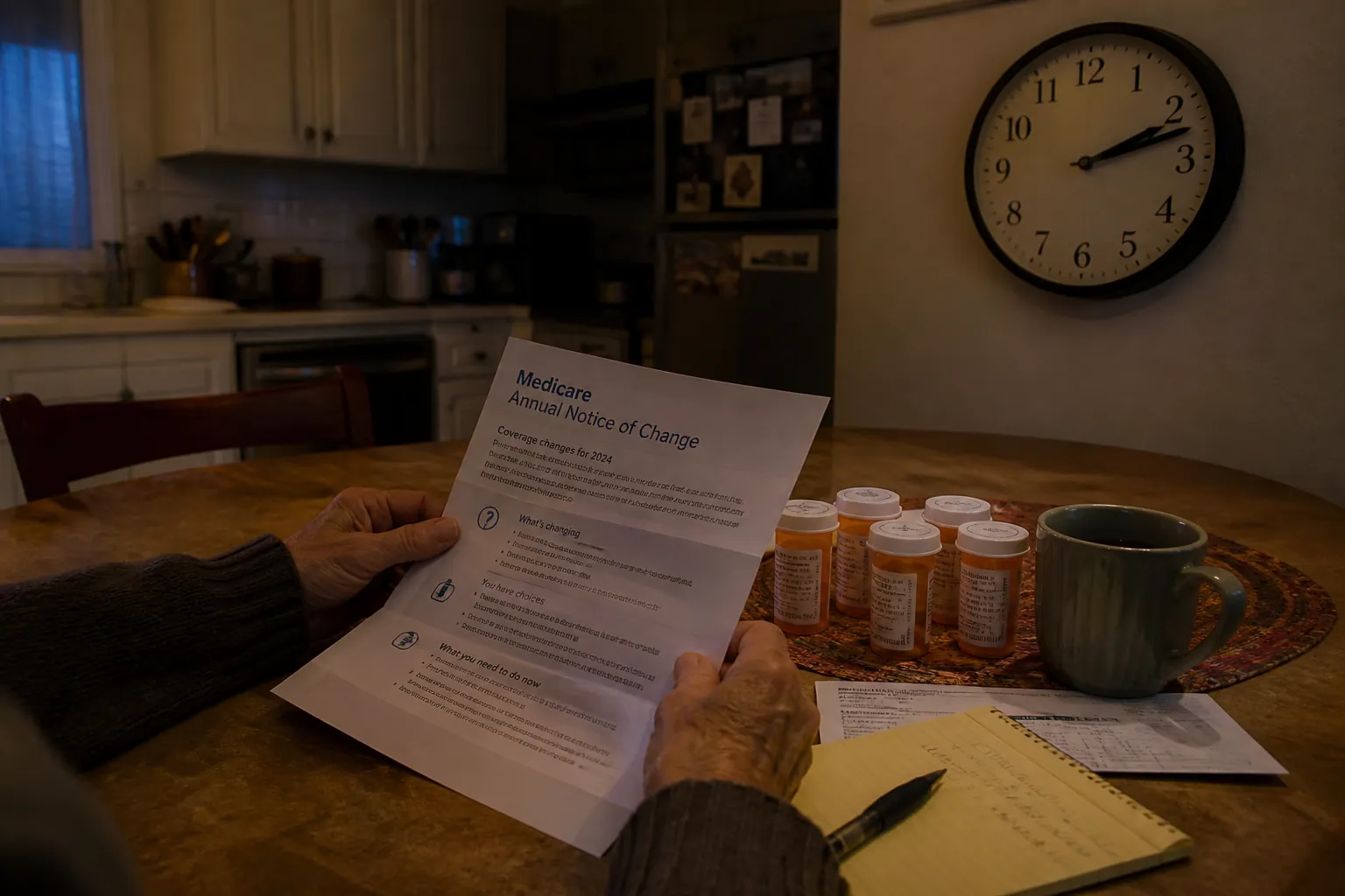 Older adult reviewing a Medicare Annual Notice of Change letter at night with prescription bottles nearby