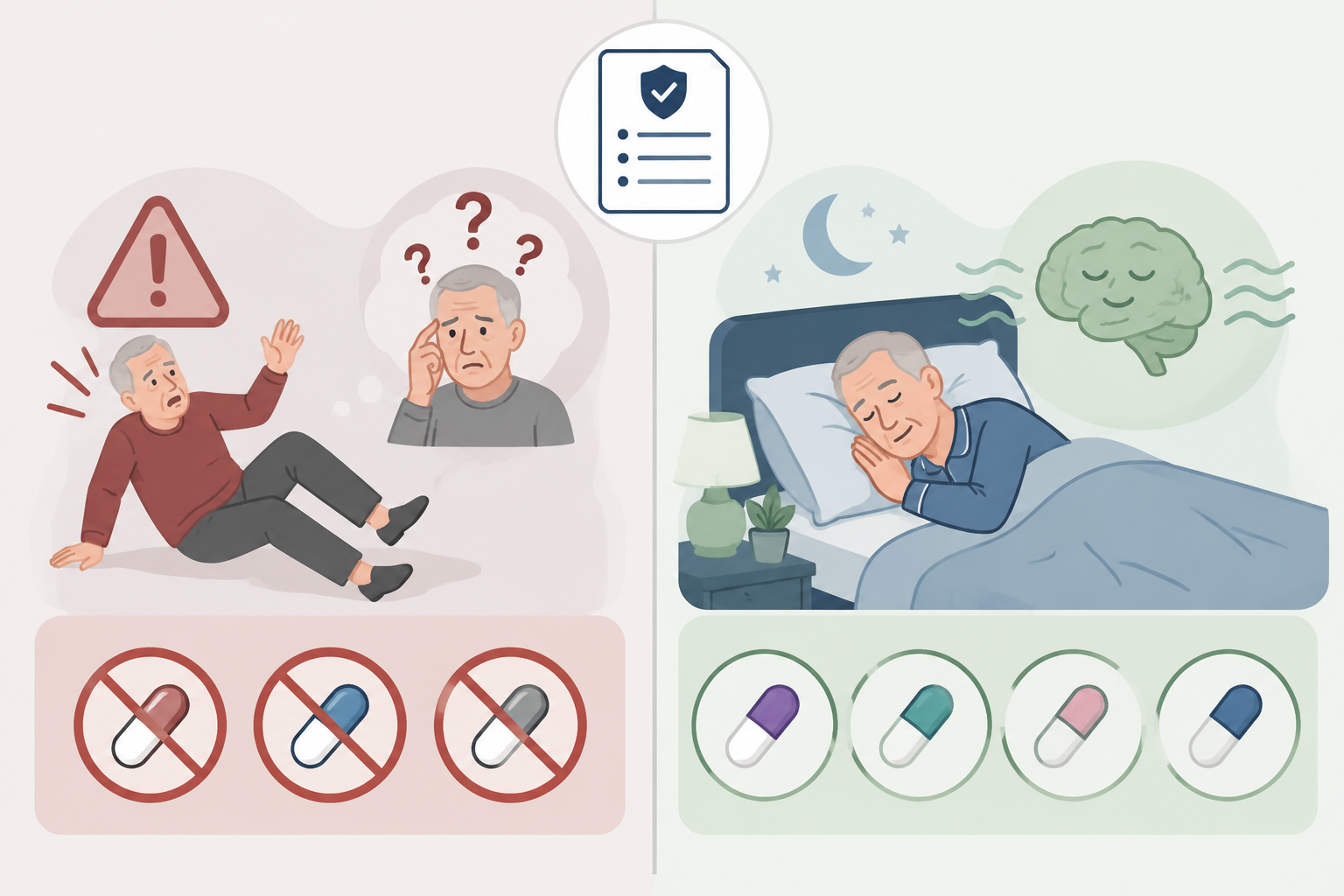Split-panel illustration contrasting sleep aids to avoid with safer sleep aid options for older adults