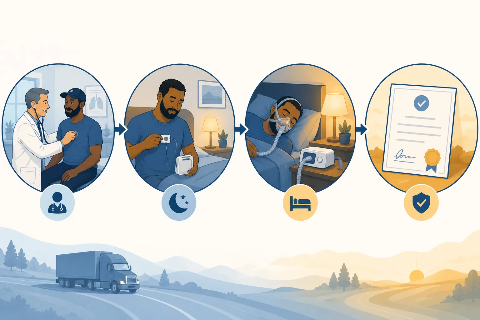 Post-referral pathway from DOT physical to sleep test, CPAP, and certification