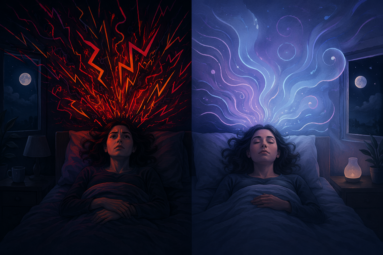 A split illustration showing racing thoughts before sleep on one side and softer meditative awareness on the other