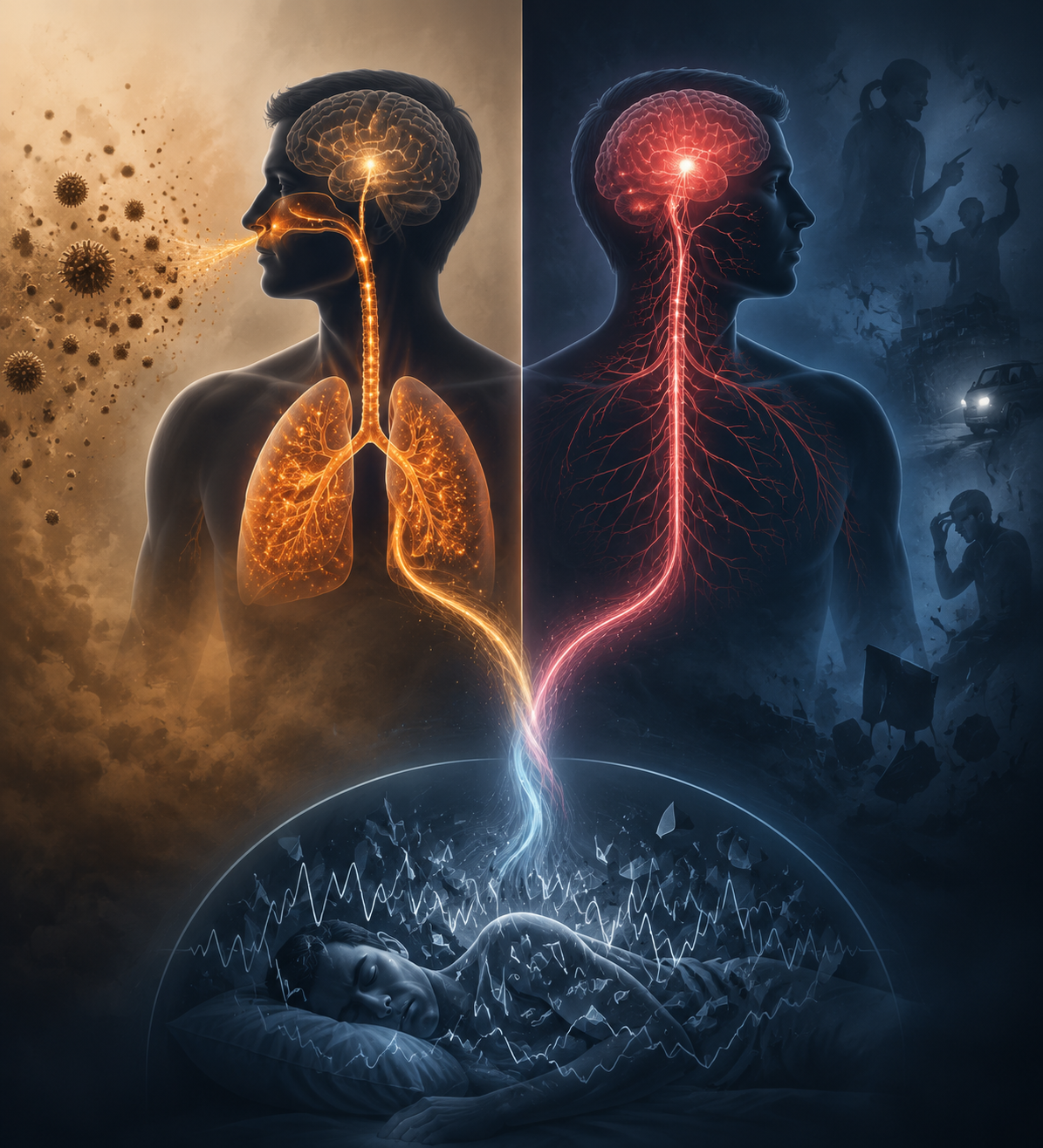Diagram showing respiratory and nervous system pathways from wildfire smoke converging into fragmented sleep