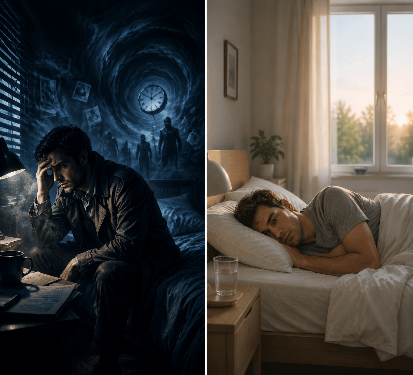 Split-screen illustration contrasting a noir detective scene with an ordinary bedroom at dawn