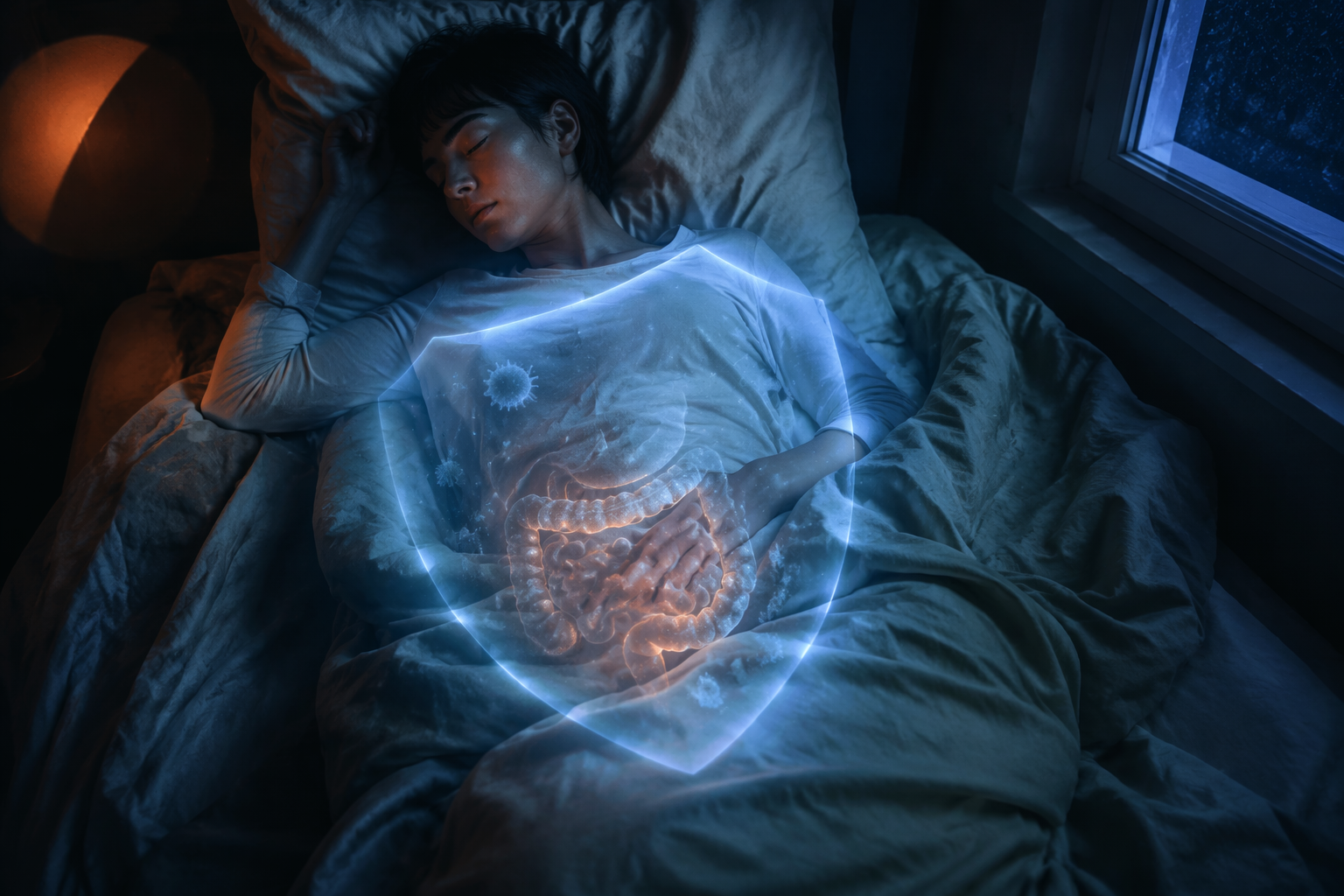 A sleeping person wrapped in blankets with faint shield-like forms around the torso and abdomen
