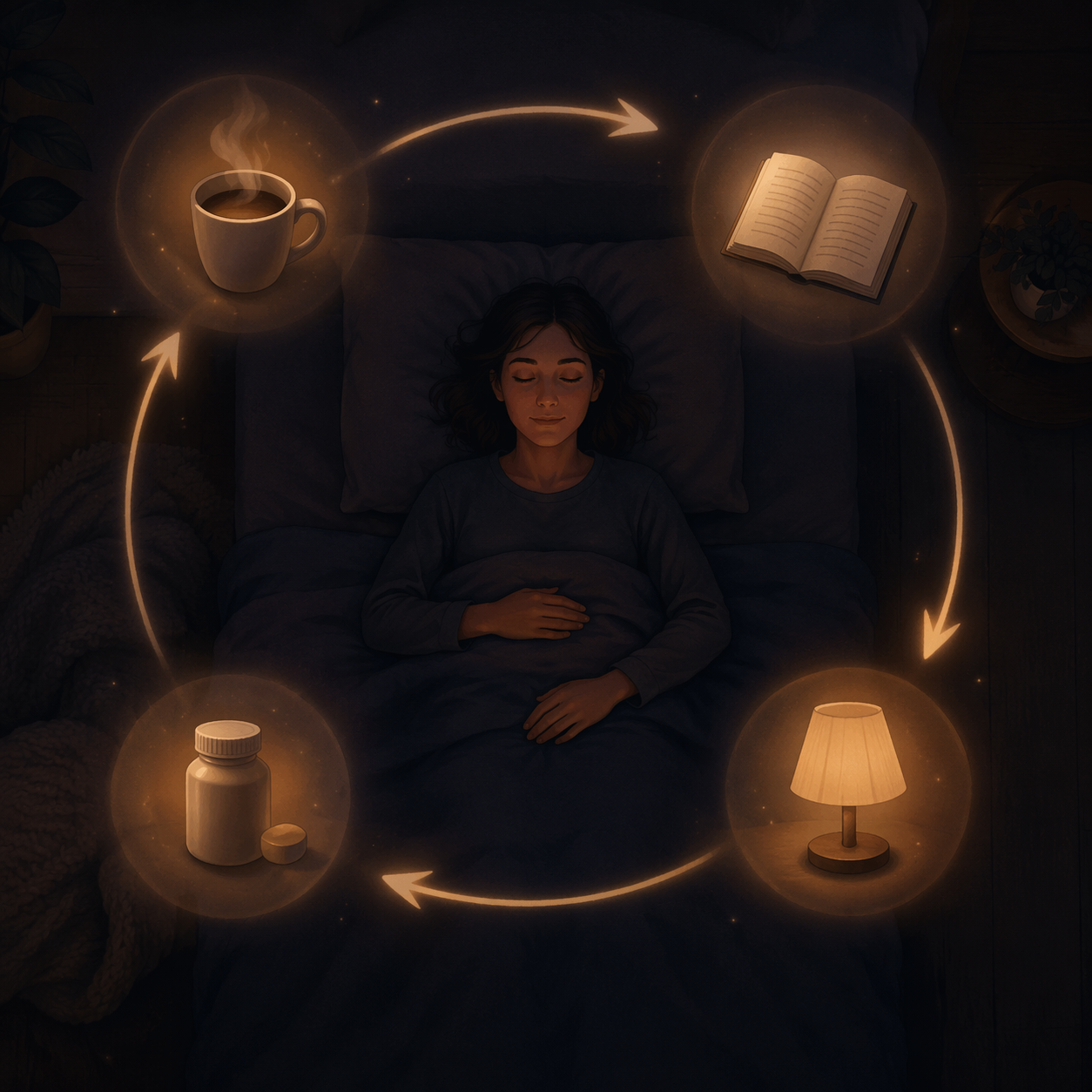 Overhead illustration of a bedtime routine with a mug, book, dim lamp, and supplement bottle in a circular flow