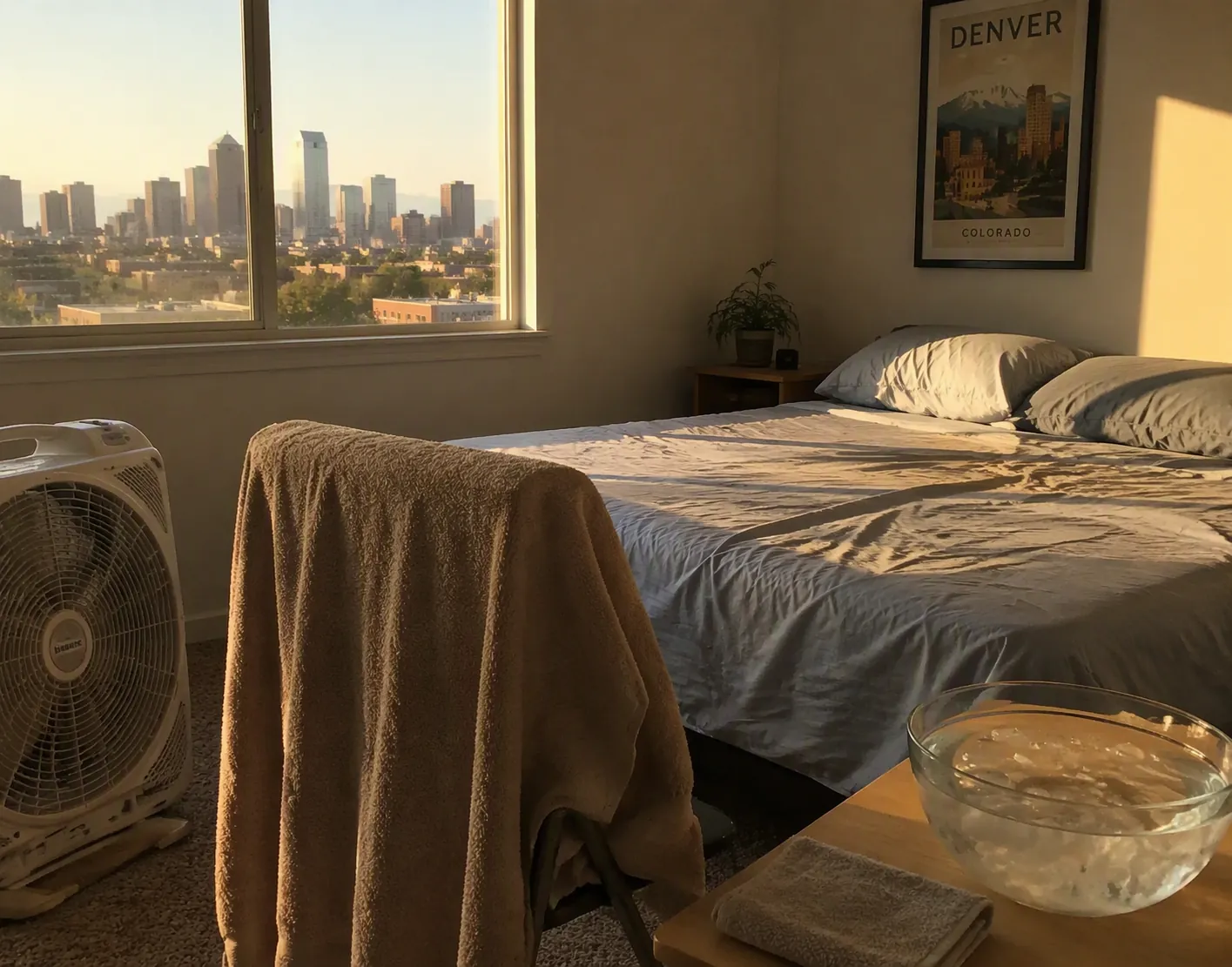 Bedroom with damp towel, standing fan, light sheets, and ice water for dry-heat evaporative cooling