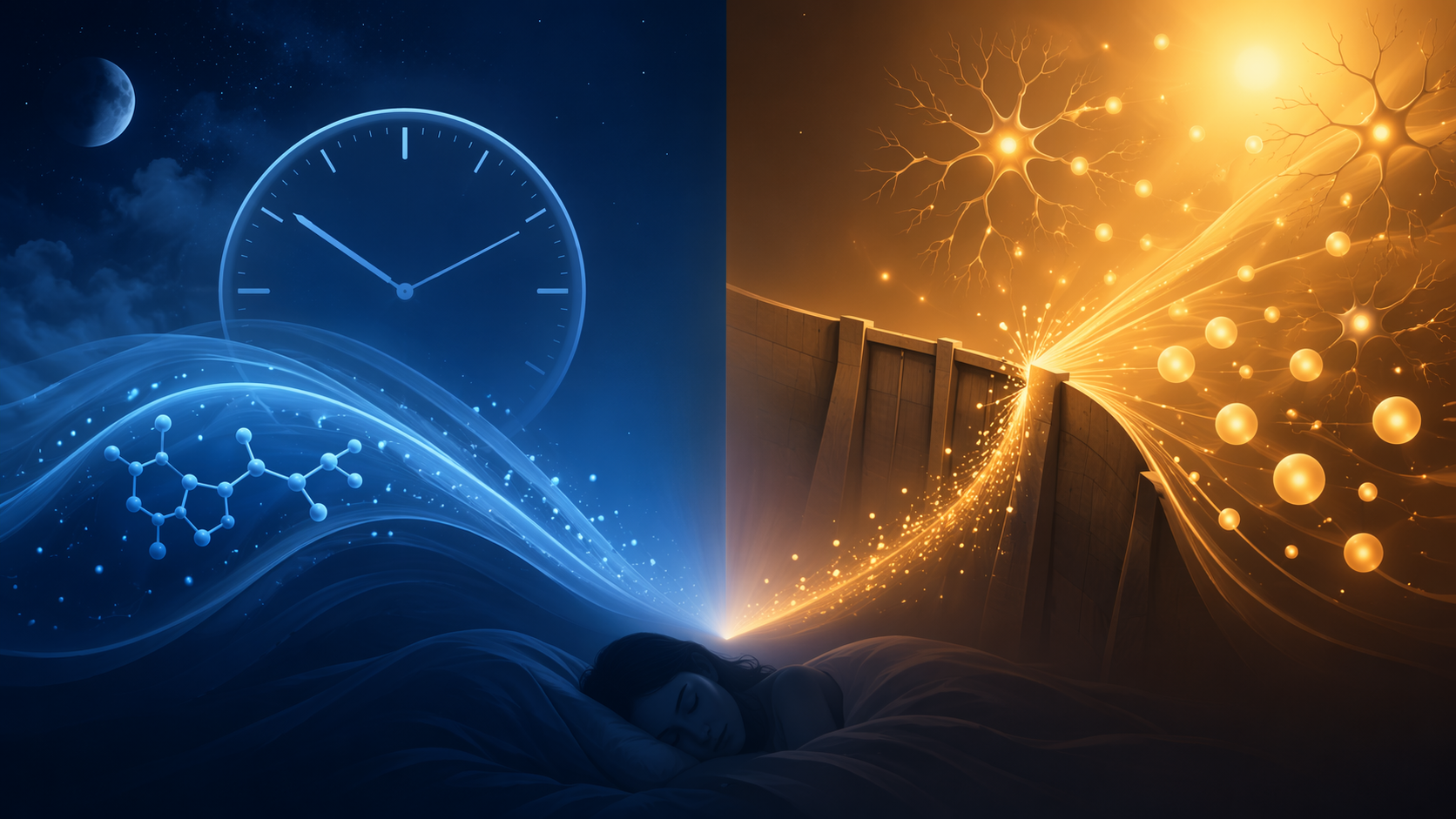 Split illustration contrasting circadian signaling with blocked wakefulness signals in insomnia treatment