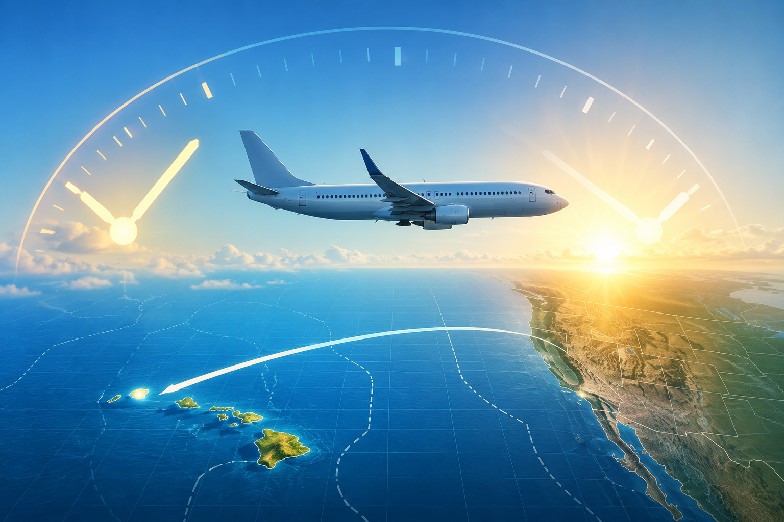 A westbound flight over the Pacific with a West Coast to Hawaii map and clock overlay