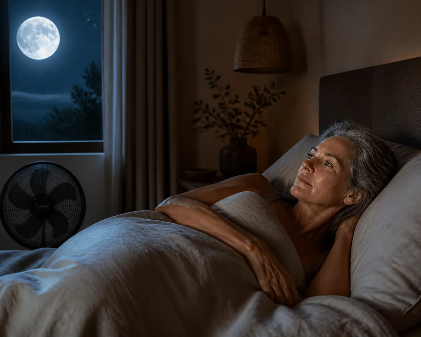 A perimenopausal woman resting in a dim bedroom with cool moonlight, a visible full moon, and a fan nearby
