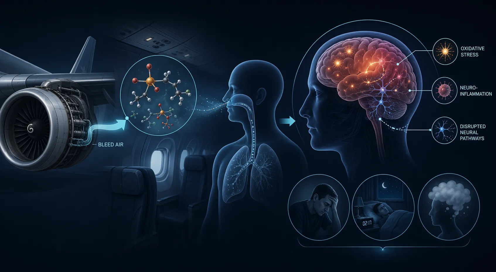 Illustration of engine oil contaminants entering cabin air and affecting the brain through oxidative stress and neuroinflammation