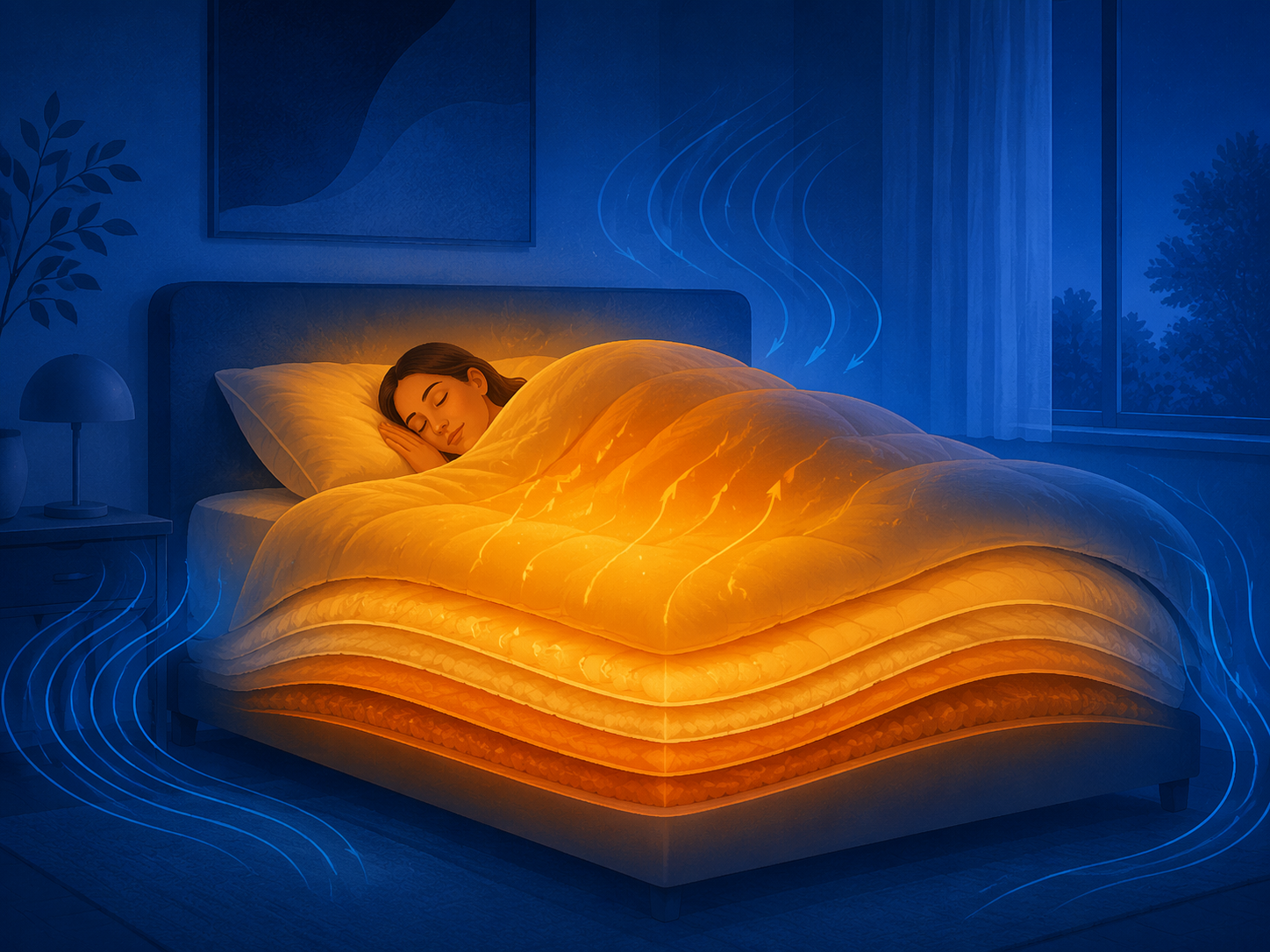 Illustration of cool bedroom air around a bed with warm layered bedding insulating the sleeper