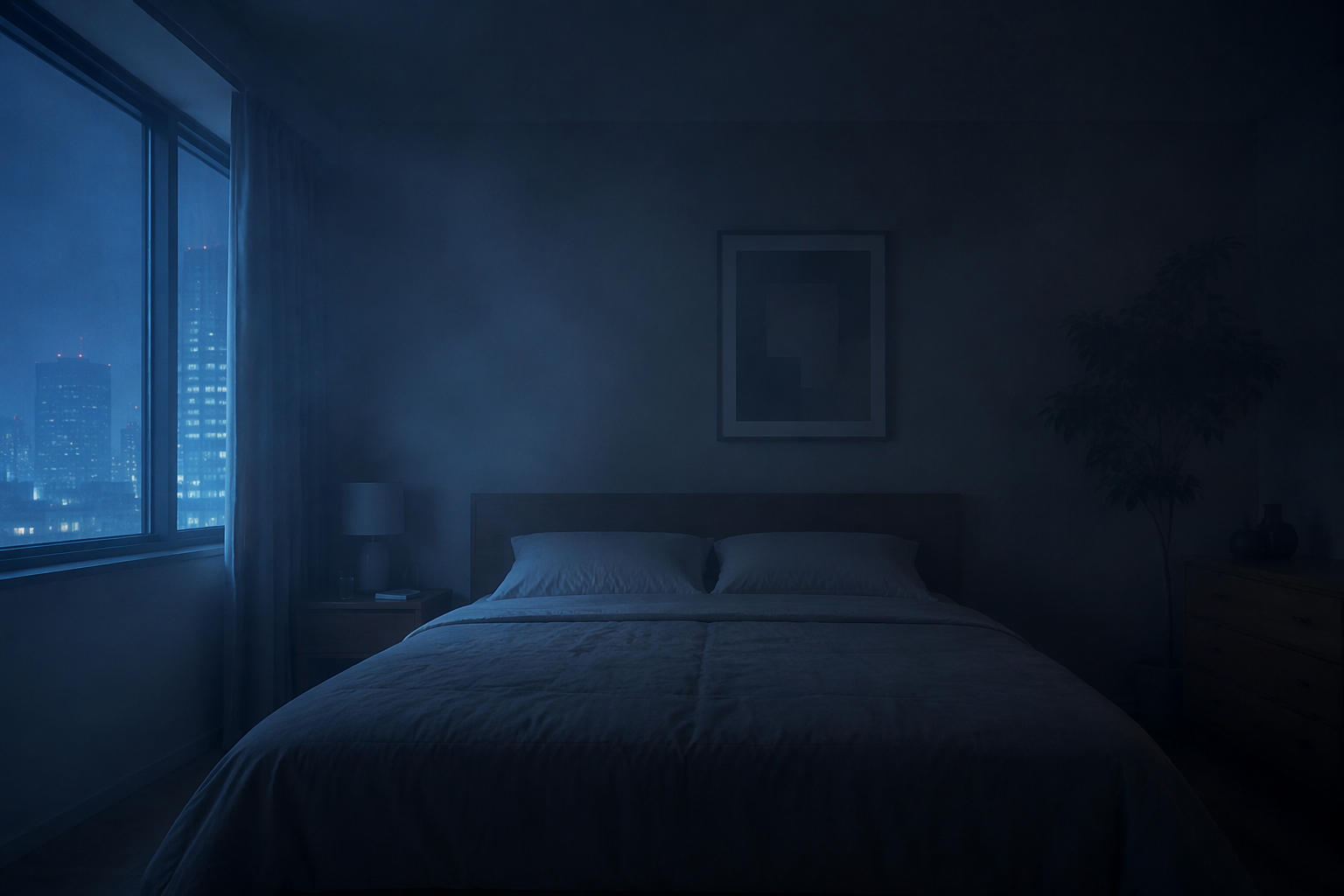 Dim bedroom at night with a faint haze suggesting wildfire smoke in the air