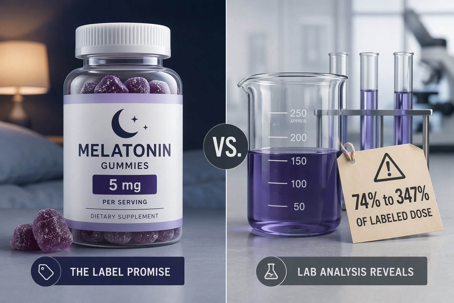 Melatonin gummy bottle labeled 5 mg contrasted with lab testing range of 74% to 347% of labeled dose