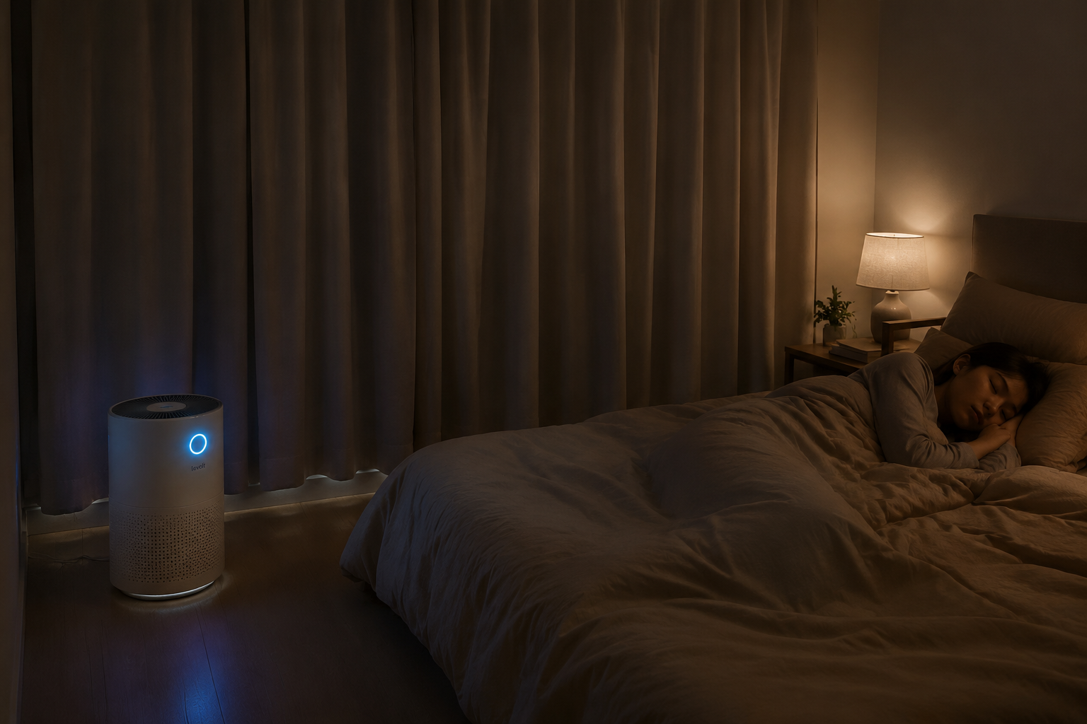 Dimly lit bedroom at night with a sleeping person, closed curtains, and a running HEPA air purifier