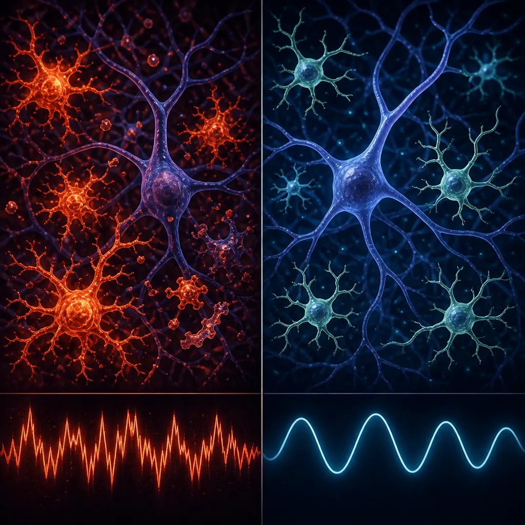 Split illustration comparing inflamed microglia with disrupted sleep waves and calm microglia with smooth restorative sleep waves