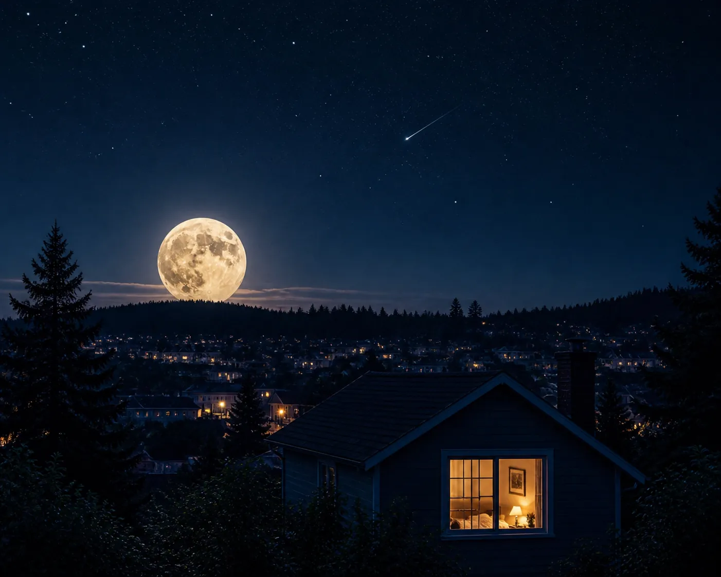 Full moon over a town with a faint meteor and a lit bedroom window