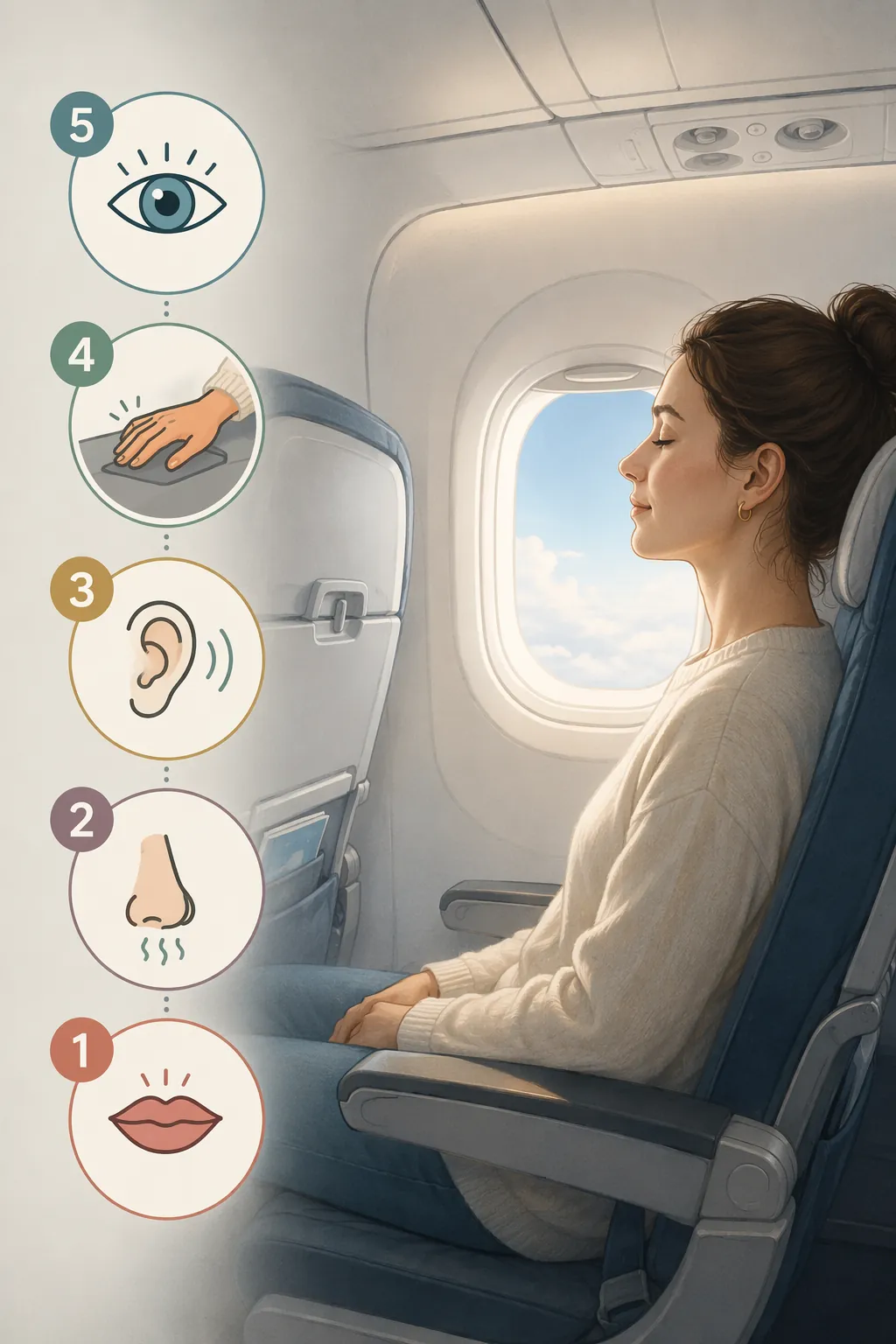 Five numbered icons showing the 5-4-3-2-1 sensory grounding protocol in an airplane cabin