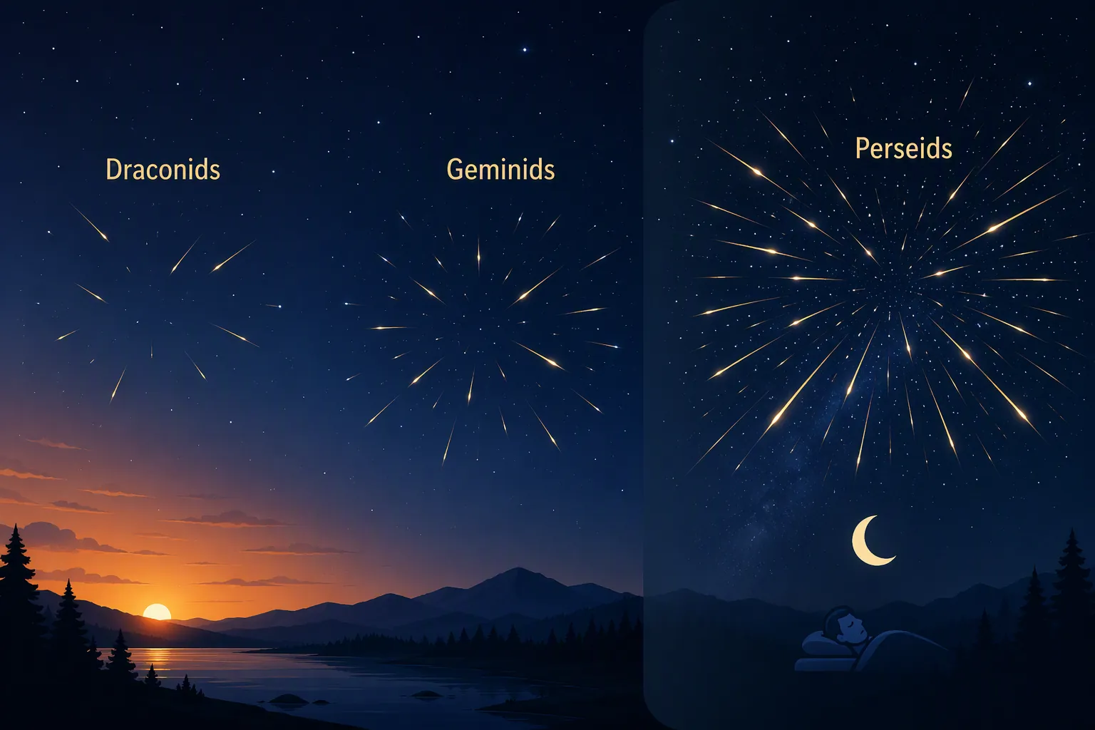 Night-sky timeline comparing Draconids at dusk, Geminids in late evening, and Perseids after midnight