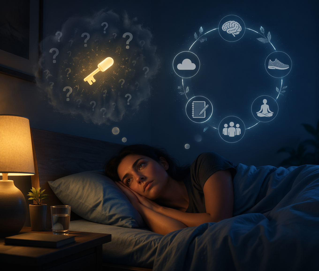A person awake in bed with a fading key and a connected loop of thoughts, rest, and behaviors