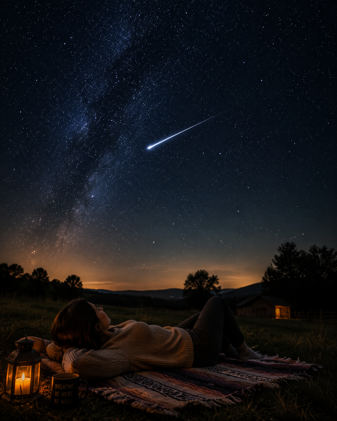 Person resting on a blanket in a dark rural field while a meteor streaks across a star-filled sky