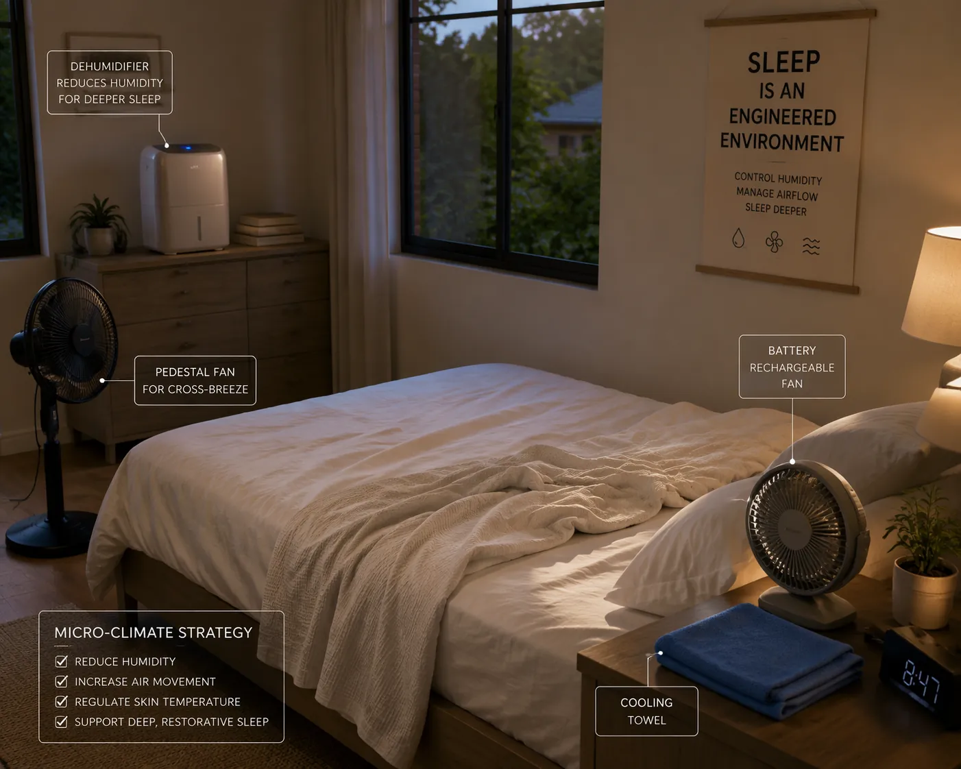 Bedroom arranged with a portable dehumidifier, fan, breathable bedding, battery fan, and cooling towel for humid sleep